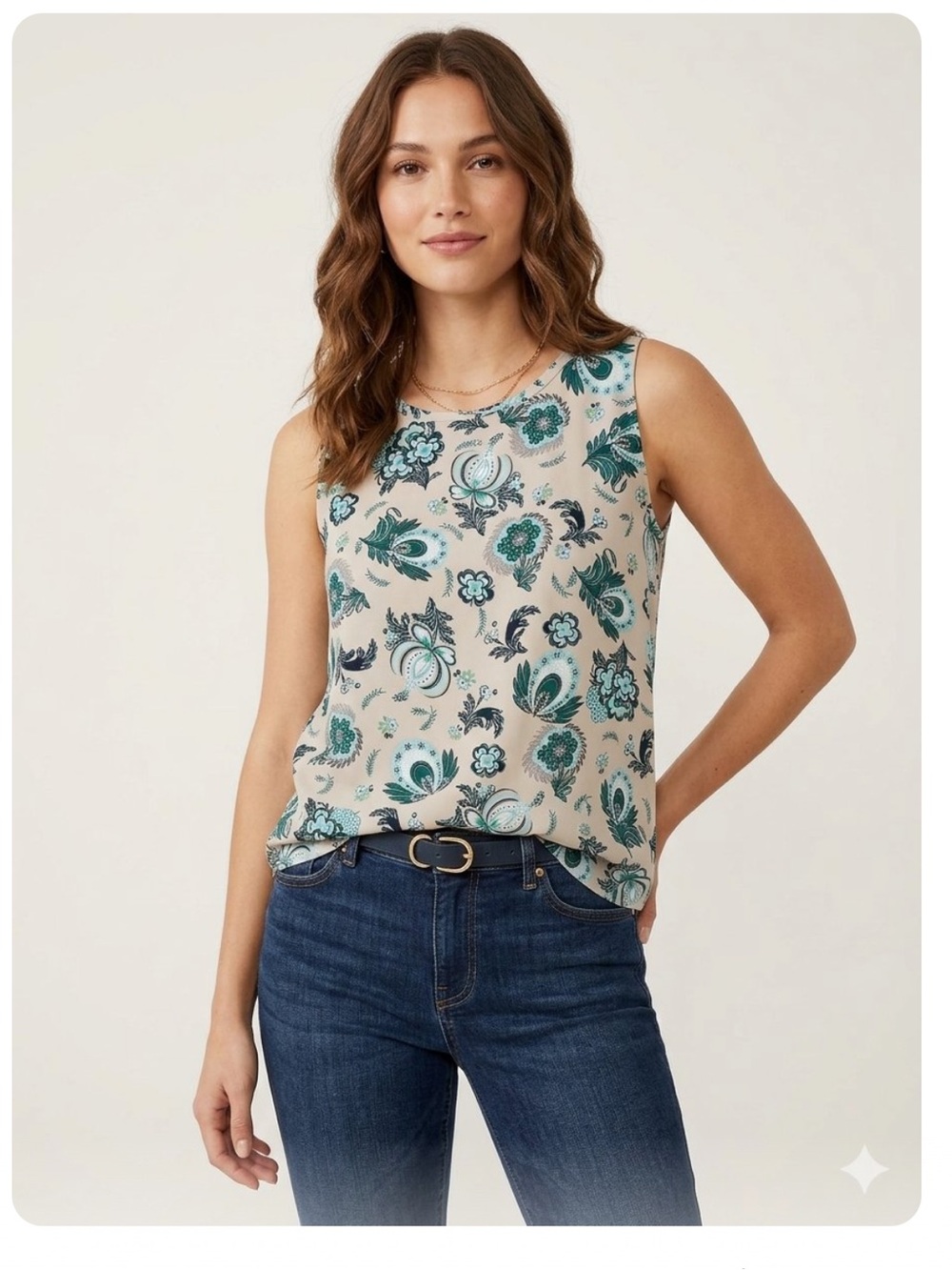 👗LOFT Sleeveless Floral Print Shell Top — Cream with Teal & Green